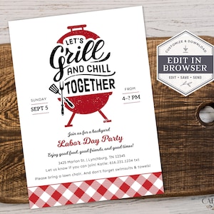 Digital Labor Day BBQ Invitation, Summer Party Invitation, Memorial Day Party Invitation, Cookout Invitation, Grill & Chill, DIY, Printable image 10