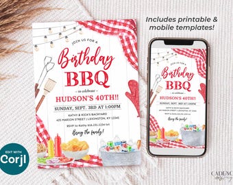May include: A printable birthday BBQ invitation with a red and white checkered tablecloth, a grill, and a cooler. The text on the invitation reads "Join us for a Birthday BBQ - to celebrate - Hudson's 40th!!" and includes the date, time, location, and RSVP information.