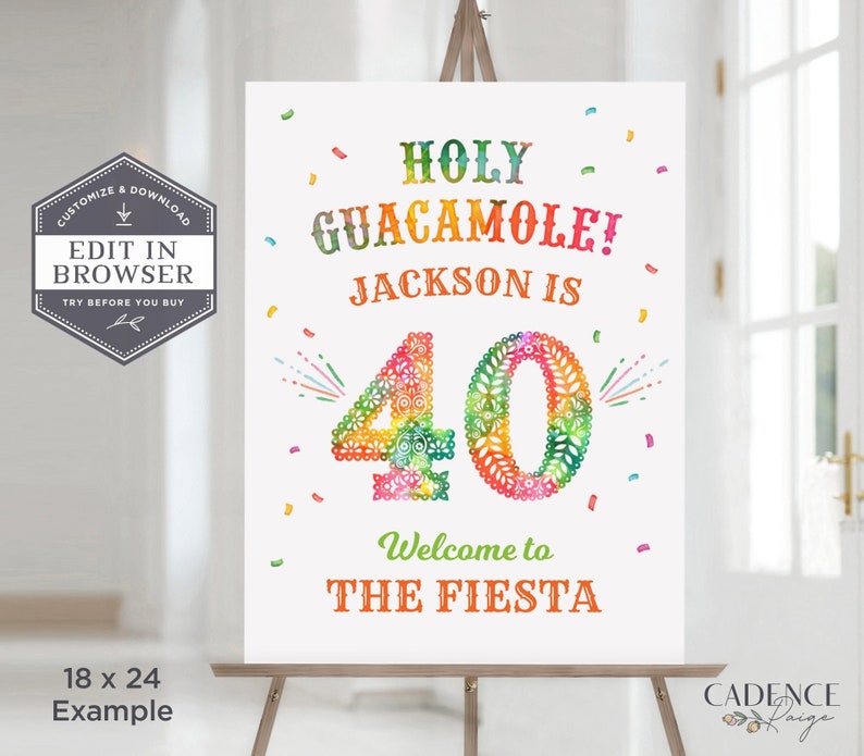 May include: A colorful printable sign for a 40th birthday party with the text "Holy Guacamole! Jackson is 40. Welcome to the Fiesta".