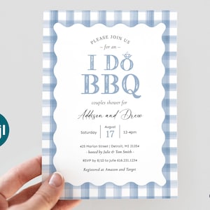 I Do BBQ Invitation, Blue BBQ Couples Shower Invite, Backyard bbq Wedding Shower Invite, Dusty Blue Gingham, Wave, Digital, Printable, Text