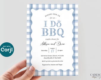 I Do BBQ Invitation, Blue BBQ Couples Shower Invite, Backyard bbq Wedding Shower Invite, Dusty Blue Gingham, Wave, Digital, Printable, Text