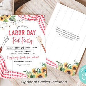 May include: A printable invitation for a Labor Day pool party. The invitation features a red and white gingham pattern, sunflowers, and a white wooden background. The text on the invitation reads "Join us for a Labor Day Pool Party" and includes the date, time, and location of the party. The invitation also includes the text "Enjoy family, friends, food, and fun!" and "Bring your swim gear!"