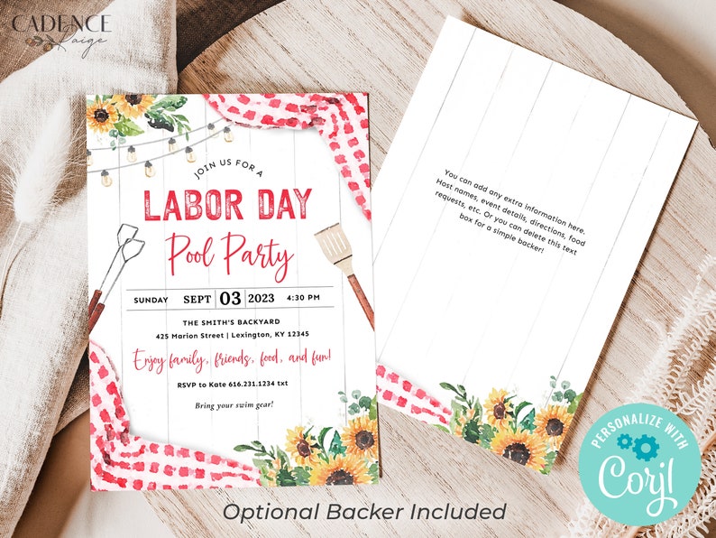 May include: A printable invitation for a Labor Day pool party. The invitation features a red and white gingham pattern, sunflowers, and a white wooden background. The text on the invitation reads "Join us for a Labor Day Pool Party" and includes the date, time, and location of the party. The invitation also includes the text "Enjoy family, friends, food, and fun!" and "Bring your swim gear!"