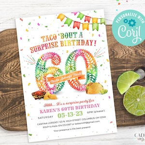 60th Birthday Party Invitation, 60th Surprise Party Invitation, Taco Themed Party Invite, 60th Fiesta Invite, DIY, Corjl, Printable, A24