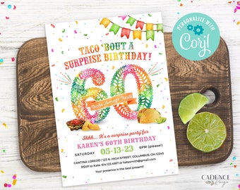 60th Birthday Party Invitation, 60th Surprise Party Invitation, Taco Themed Party Invite, 60th Fiesta Invite, DIY, Corjl, Printable, A24