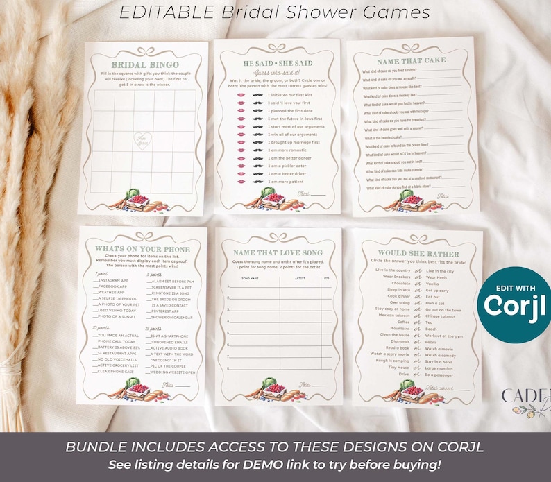 Celebrate the bride with a farmers market bridal shower letting everyone know She's Off the Market! The designs in this bundle feature watercolor illustrations of market items like fresh cut flowers, ripe vegetables, mixed berries, and neutral colored gingham; setting the stage for a charming celebration. This set includes the invitation, table signs for advice, favors, etc., games, recipe cards, fruit & veggie garland decor, cupcake toppers, stickers, favor tags, thank yous, and welcome signs.