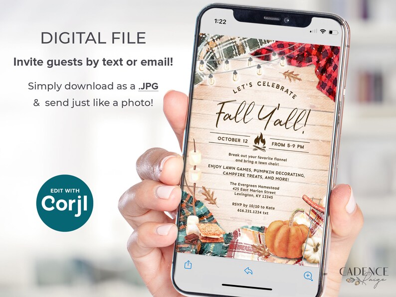 May include: A digital invitation for a fall party with a rustic wood background, a pumpkin, and a campfire. The text reads "Let's Celebrate Fall Y'all!" with the date and time of the event. The invitation is displayed on a smartphone screen.