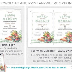 This Fresh Off the Market Bridal Shower invitation is perfect for a farmers market themed celebration. The design features watercolor illustrations of fresh cut flowers, fresh vegetables, mixed berries, crusty bread, and timeless green gingham setting the stage for a charming market style celebration.