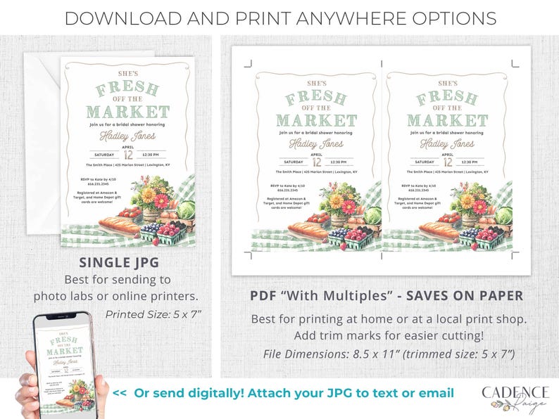 This Fresh Off the Market Bridal Shower invitation is perfect for a farmers market themed celebration. The design features watercolor illustrations of fresh cut flowers, fresh vegetables, mixed berries, crusty bread, and timeless green gingham setting the stage for a charming market style celebration.