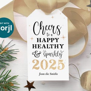 Etiqueta de presente de feliz ano novo, etiqueta de ano novo para impressão, etiqueta de véspera de ano novo editável para garrafa de espumante, etiqueta de NYE 2025 personalizável, faça você mesmo EDITÁVEL