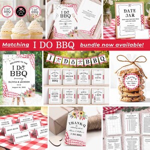 May include: A collection of BBQ-themed wedding decorations and accessories. Includes cupcake toppers, invitations, a banner, signs, and a cookie favor. The designs feature a red and white checkered pattern and the text "I DO BBQ".