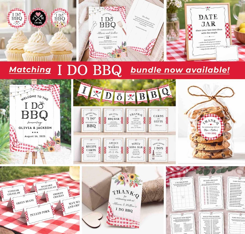 May include: A collection of BBQ-themed wedding decorations and accessories. Includes cupcake toppers, invitations, a banner, signs, and a cookie favor. The designs feature a red and white checkered pattern and the text "I DO BBQ".