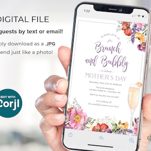 May include: A digital invitation for a Mother's Day brunch with a floral design and the text "Please join us for Brunch and Bubbly - to celebrate - Mother's Day".