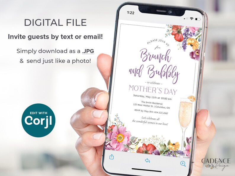 May include: A digital invitation for a Mother's Day brunch with a floral design and the text "Please join us for Brunch and Bubbly - to celebrate - Mother's Day".