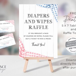 K&ouml;nnte beinhalten: Ein druckbares Tischschild im Format 12,7 x 17,8 cm und Lose f&uuml;r eine Windel- und Feuchtt&uuml;cher-Tombola. Das Schild zeigt ein rosa-blaues Gingham-Muster und den Text "Diapers and Wipes Raffle". Die Lose sind ebenfalls in rosa-blauem Gingham gehalten.