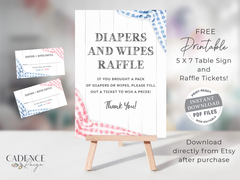 K&ouml;nnte beinhalten: Ein druckbares Tischschild im Format 12,7 x 17,8 cm und Lose f&uuml;r eine Windel- und Feuchtt&uuml;cher-Tombola. Das Schild zeigt ein rosa-blaues Gingham-Muster und den Text "Diapers and Wipes Raffle". Die Lose sind ebenfalls in rosa-blauem Gingham gehalten.