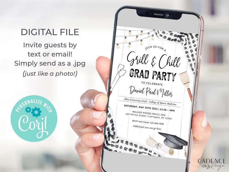 May include: A digital invitation for a graduation party with a grill and chill theme. The invitation is on a white background with black and white illustrations of a grill, spatula, and graduation cap. The text reads "Join us for a Grill & Chill Grad Party to celebrate Daniel Paul Miller Ohio University Grad - College of Sports Medicine Saturday, May 25th 2023 | 12:30 - 4PM Walker Woods Pavilion 425 Marion Street | Lexington, KY 12345 RSVP text Susan 123-456-7890 Additional info can go here."