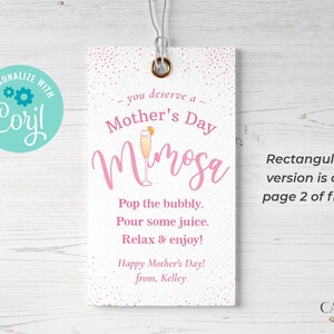 Pu&ograve; includere: Etichetta regalo stampabile rosa e bianca con un'illustrazione rosa e bianca di una bevanda mimosa. Il testo recita "Ti meriti un mimosa per la Festa della Mamma. Apri lo spumante. Versa un po' di succo. Rilassati e goditi! Buona Festa della Mamma! Da Kelley."