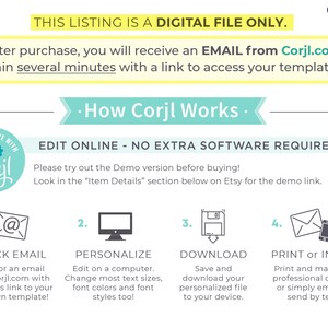 May include: Digital file listing with instructions on how to use Corjl. The image includes steps: check email, personalize, download, and print or invite. Text states this listing is a digital file only.
