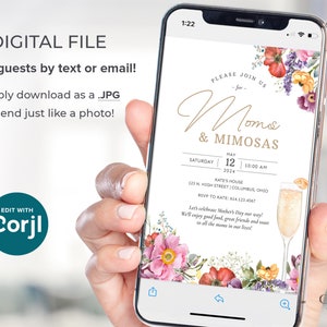 Puede incluir: Invitaci&oacute;n digital para un brunch del D&iacute;a de la Madre con el texto "Mimosas & Moms" en escritura dorada. La invitaci&oacute;n presenta un dise&ntilde;o floral con flores rosas, amarillas, naranjas y moradas. El texto incluye la fecha, la hora y la ubicaci&oacute;n del evento.