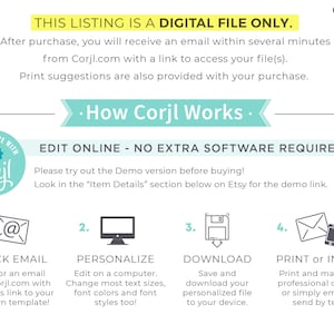 May include: A turquoise and white graphic with the text "How Corjl Works."  The graphic explains how to use the Corjl.com website to personalize and download digital files.  The steps are: 1. Check Email, 2. Personalize, 3. Download, and 4. Print or Invite.