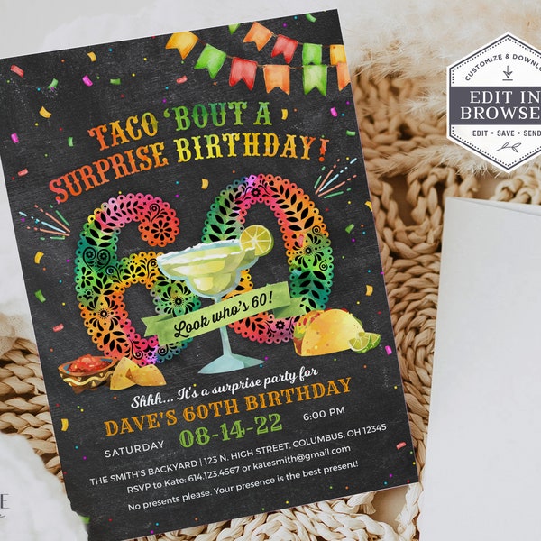 60th Birthday Party Invitation, 60th Surprise Party Invitation, 60th Fiesta Invite for a Man, 60th for him, DIY, Corjl, Printable, A24