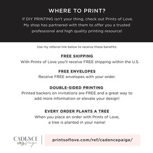 May include: White background with text: "WHERE TO PRINT?" and information about Prints of Love. Benefits include free shipping, envelopes, double-sided printing, and a tree planted per order. The text "CADENCE PAIGE" and a website address are also included.