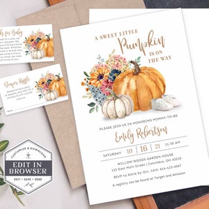 May include: A baby shower invitation featuring a watercolour illustration of pumpkins, flowers, and baby booties. The text reads "A Sweet Little Pumpkin is on the Way" and includes the name "Emily Robertson" and details for the event.