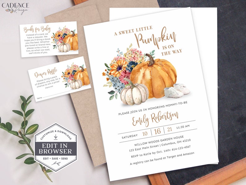 May include: A baby shower invitation featuring a watercolour illustration of pumpkins, flowers, and baby booties. The text reads "A Sweet Little Pumpkin is on the Way" and includes the name "Emily Robertson" and details for the event.