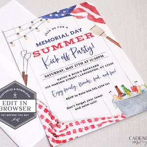 Memorial Day Party Invitation, Memorial Day Picnic Invite, Summer Kick off Pool Party Invite, Memorial Day BBQ Invite, Cookout DIY Printable image 7