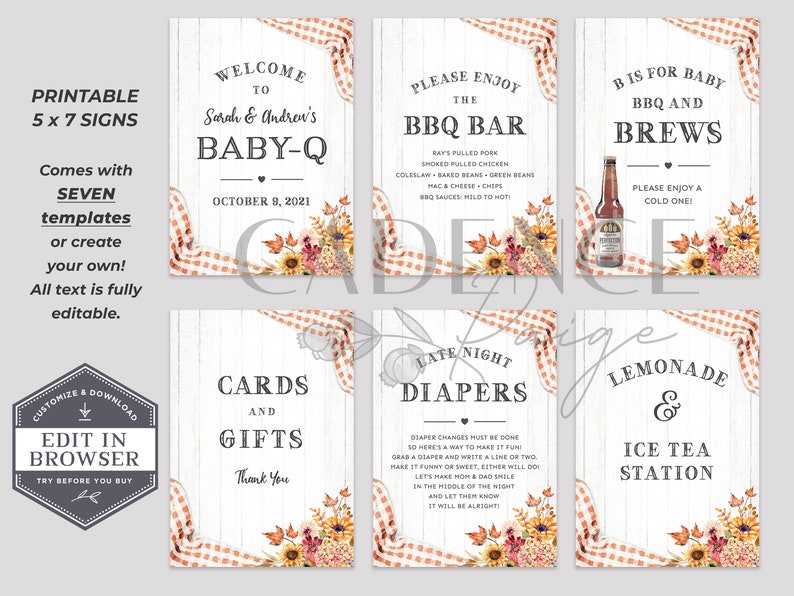 Autumn BABY-Q Shower Signs, Harvest Baby Shower Signs, BabyQ Signs, 5 x 7 BBQ Shower Signs, Coed Baby Shower Signs, Printable, Editable, BQF image 4