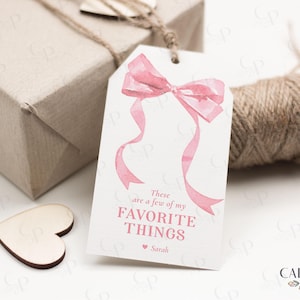 Etiqueta de regalo con tus cosas favoritas en rosa, etiquetas de regalo con lazo rosa, etiquetas de San Valentín con lazo, algunas de mis cosas favoritas, lazo coqueto, etiqueta personalizable DIY