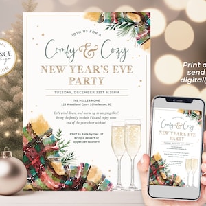 Cozy New Years Eve Party Invitation, Hogmanay Invitation, Casual New Year&#39;s Eve Party Invite, NYE PJ Party  Digital Invite, Printable, P9
