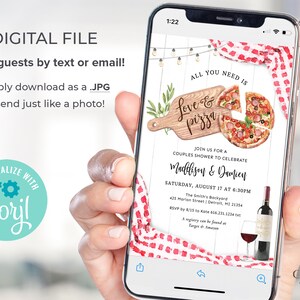 May include: Digital invitation for a couples shower with a pizza and wine theme. The invitation says "Love & Pizza" and includes the names Maddison & Damien, the date and time, and the location. The invitation is on a phone screen.