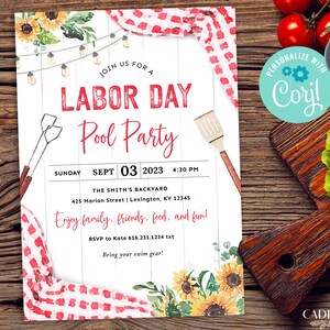 May include: A Labor Day pool party invitation with a red and white gingham pattern, sunflowers, and string lights. The text reads "Join us for a Labor Day Pool Party" with the date and time below. The invitation also includes the address and RSVP information.