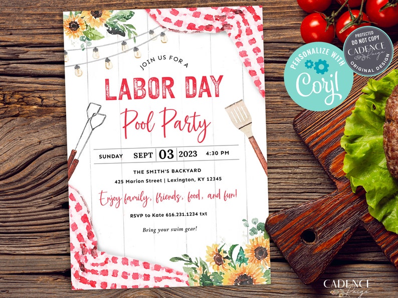 May include: A Labor Day pool party invitation with a red and white gingham pattern, sunflowers, and string lights. The text reads "Join us for a Labor Day Pool Party" with the date and time below. The invitation also includes the address and RSVP information.