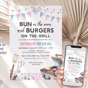 Gender Reveal Einladung zum Grillen Grillparty Grill-Picknick-Brötchen im Ofen Burger auf dem Grill Gender Reveal Invite Printable DIY, BQGR Bild 1