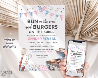 Gender Reveal Invitation for Cookout Gender Reveal BBQ Picnic Buns in the Oven Burgers on the Grill Gender Reveal Invite Printable DIY, BQGR