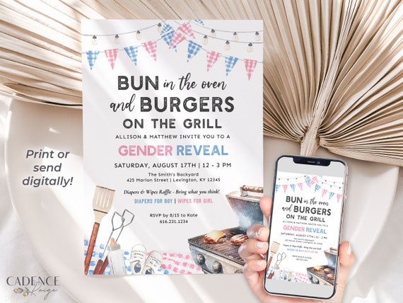 Gender Reveal Invitation for Cookout Gender Reveal BBQ Picnic Buns in the Oven Burgers on the Grill Gender Reveal Invite Printable DIY, BQGR
