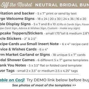Celebrate the bride with a farmers market bridal shower letting everyone know She's Off the Market! The designs in this bundle feature watercolor illustrations of market items like fresh cut flowers, ripe vegetables, mixed berries, and neutral colored gingham; setting the stage for a charming celebration. This set includes the invitation, table signs for advice, favors, food, etc., recipe cards, fruit and veggie garland decor, cupcake toppers, stickers, favor tags, thank yous, and welcome signs.