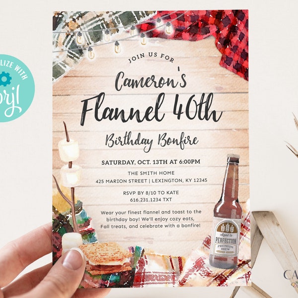 Fall Birthday Invitation, 40th Birthday Invite, 40th Birthday Invitation, Forty, Autumn, Bonfire, Rustic Invite, Casual, Editable Corjl, MF