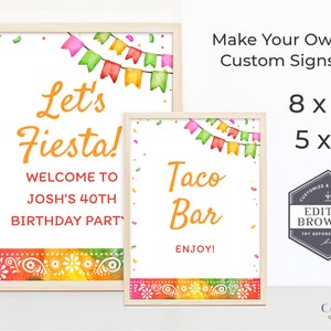 Fiesta Party Signs, Editable Taco Bar Signs, Salsa Bar Sign, Margarita Bar Sign, Customizable Taco Decor, 8 x 10, 5 x 7, DIY Printable A24