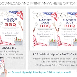 May include: Printable invitation for a Labour Day BBQ party. The invitation features a watercolour illustration of a red, white and blue American flag, a picnic basket with drinks, and a wooden sign with the text "Labour Day BBQ". The invitation includes the date, time, and location of the party.