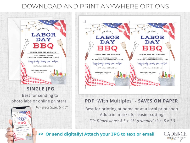 May include: Printable invitation for a Labour Day BBQ party. The invitation features a watercolour illustration of a red, white and blue American flag, a picnic basket with drinks, and a wooden sign with the text "Labour Day BBQ". The invitation includes the date, time, and location of the party.