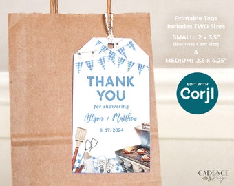 May include: Printable thank you tags for a barbecue themed party. The tags feature a blue and white checkered pattern, a grill, and grilling tools. The text on the tag reads "Thank You for showering Allison + Matthew 8.17.2024".