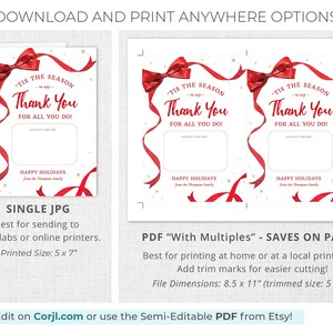 These printable Christmas Gift Cards holders feature the words Tis The Season To Say Thank You with a festive red ribbon border. Add gift cards and give to teachers, postman, employees, staff, volunteers - anyone you want to wish happy holidays!