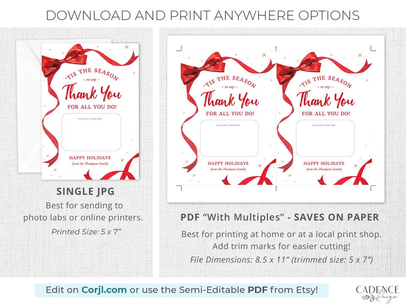 These printable Christmas Gift Cards holders feature the words Tis The Season To Say Thank You with a festive red ribbon border. Add gift cards and give to teachers, postman, employees, staff, volunteers - anyone you want to wish happy holidays!