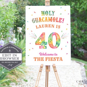 May include: A white sign with colorful confetti and the text "HOLY GUACAMOLE! LAUREN IS 40 Welcome to THE FIESTA" on an easel.