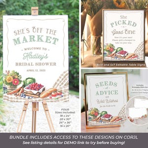 Celebrate the bride with a farmers market bridal shower letting everyone know She's Off the Market! The designs in this bundle feature watercolor illustrations of market items like fresh cut flowers, ripe vegetables, mixed berries, and neutral colored gingham; setting the stage for a charming celebration. This set includes the invitation, table signs for advice, favors, food, etc., recipe cards, fruit and veggie garland decor, cupcake toppers, stickers, favor tags, thank yous, and welcome signs.
