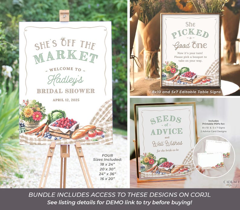 Celebrate the bride with a farmers market bridal shower letting everyone know She's Off the Market! The designs in this bundle feature watercolor illustrations of market items like fresh cut flowers, ripe vegetables, mixed berries, and neutral colored gingham; setting the stage for a charming celebration. This set includes the invitation, table signs for advice, favors, food, etc., recipe cards, fruit and veggie garland decor, cupcake toppers, stickers, favor tags, thank yous, and welcome signs.